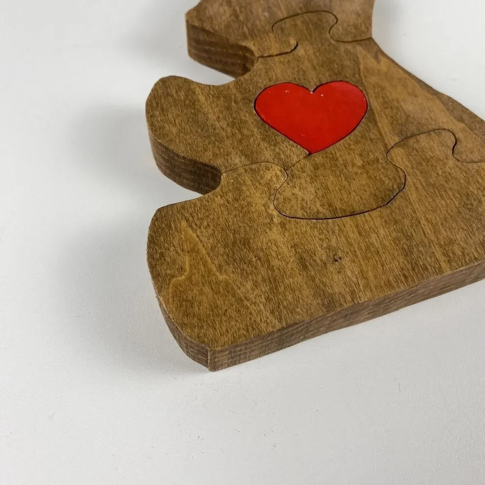 VTG Handmade Stained Wooden Bear Jigsaw Puzzle Figurine Retro Decor 7